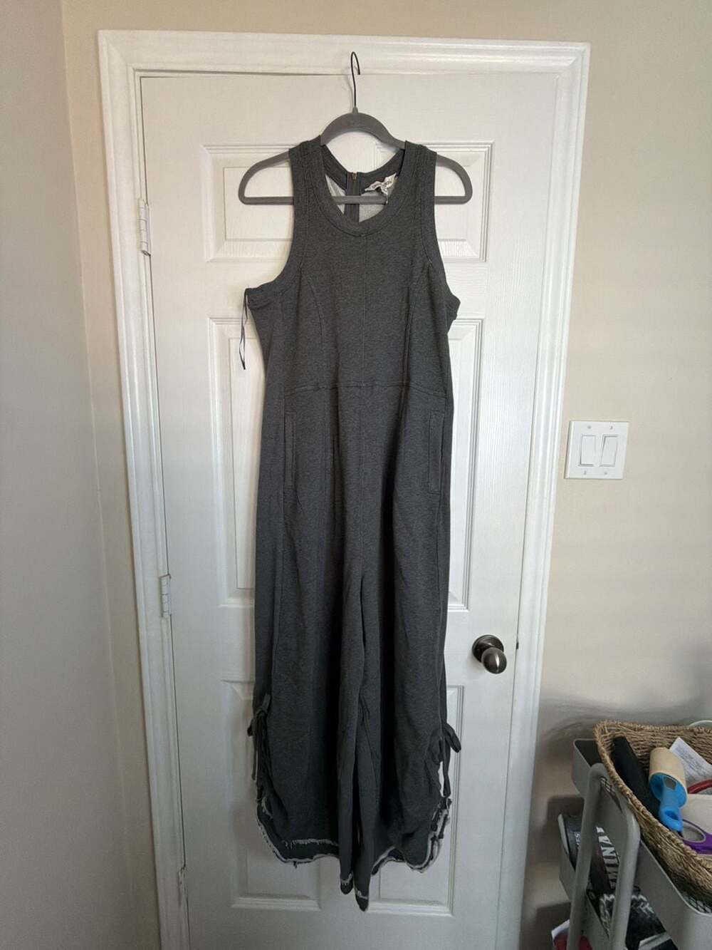 Davi & Dani Dark Grey Ribbed Knit Jumpsuit with Back Zipper and Pockets